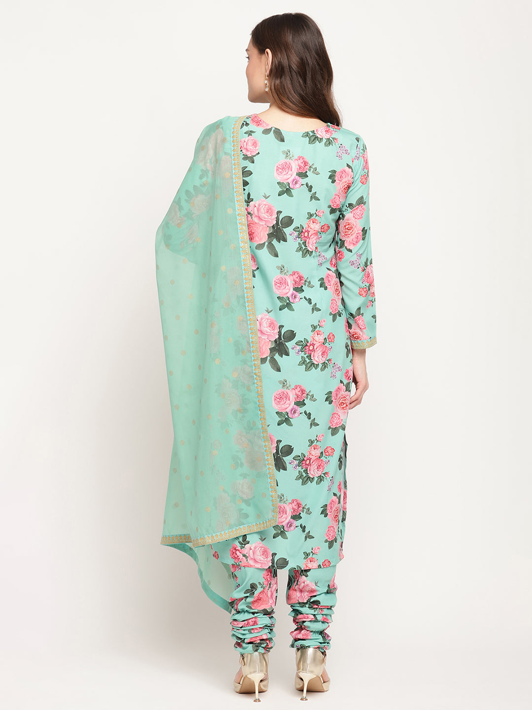 Women's Green Floral Printed Regular Kurta Churidar Set & With Dupatt