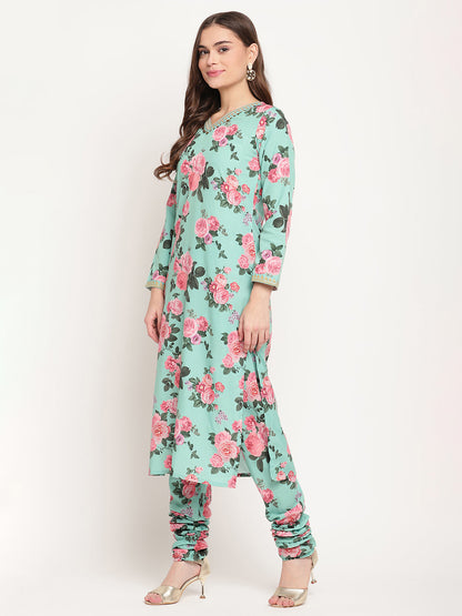 Women's Green Floral Printed Regular Kurta Churidar Set & With Dupatt