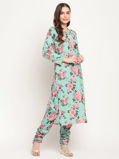 Women's Green Floral Printed Regular Kurta Churidar Set & With Dupatt