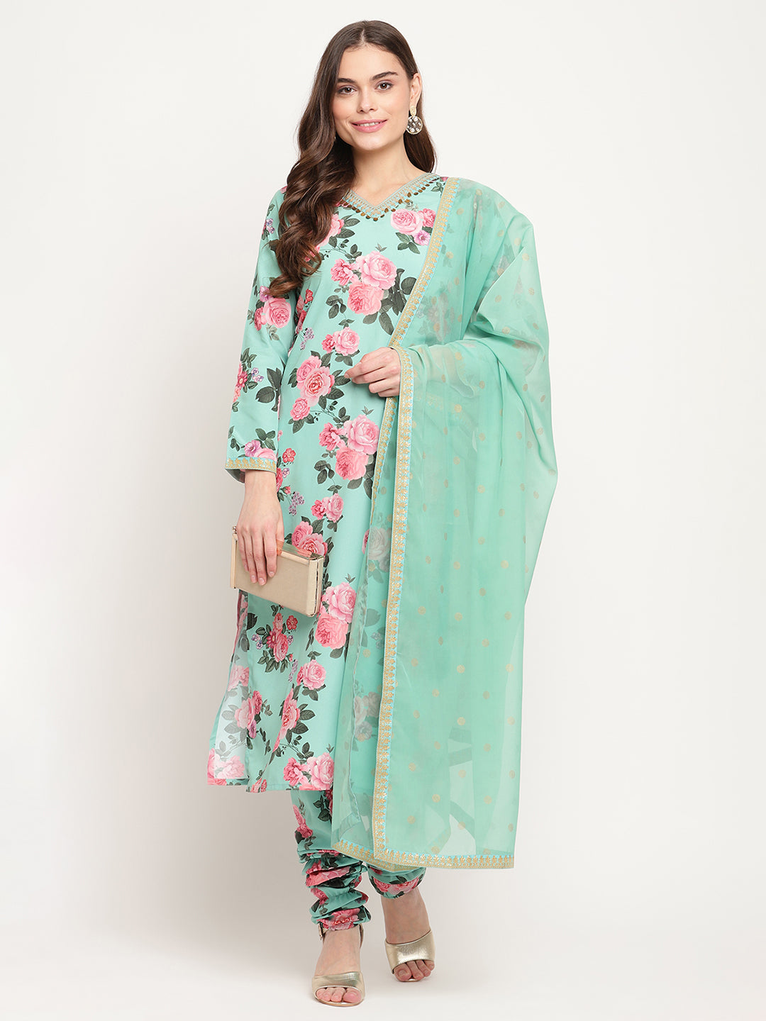 Women's Green Floral Printed Regular Kurta Churidar Set & With Dupatt