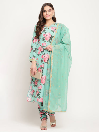 Women's Green Floral Printed Regular Kurta Churidar Set & With Dupatt