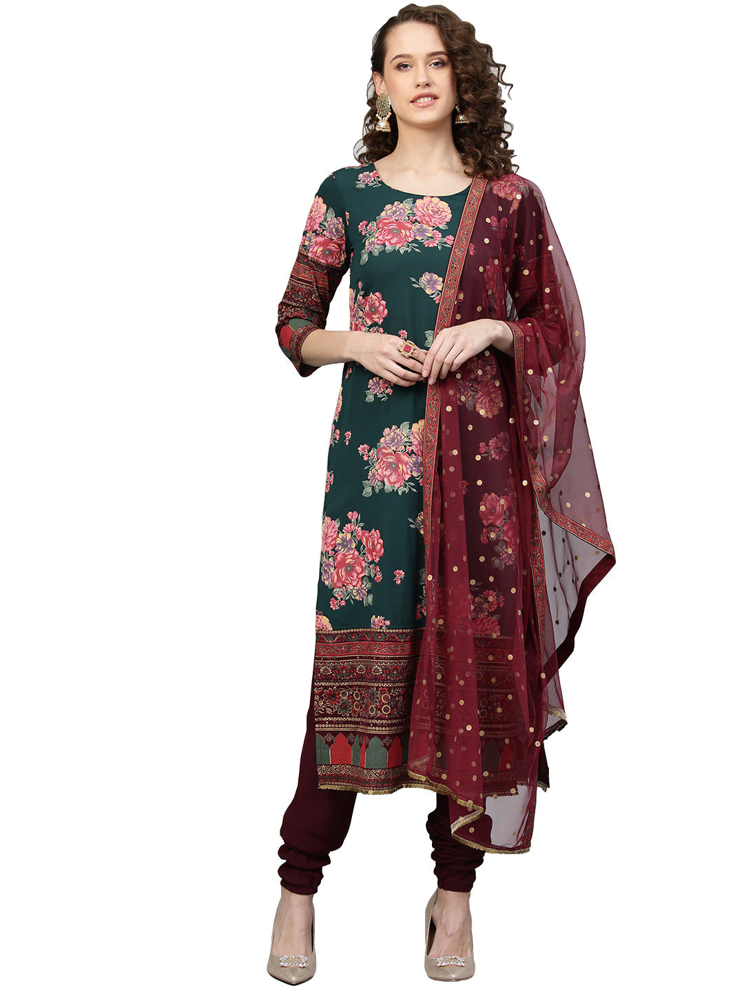 Women's Dark Green Polyester Print Kurta Churidar Set With Dupatt