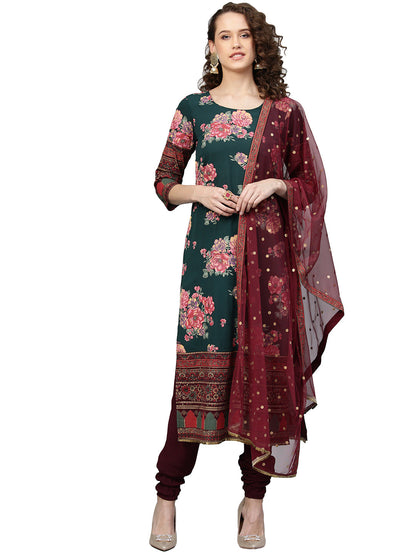 Women's Dark Green Polyester Print Kurta Churidar Set With Dupatt