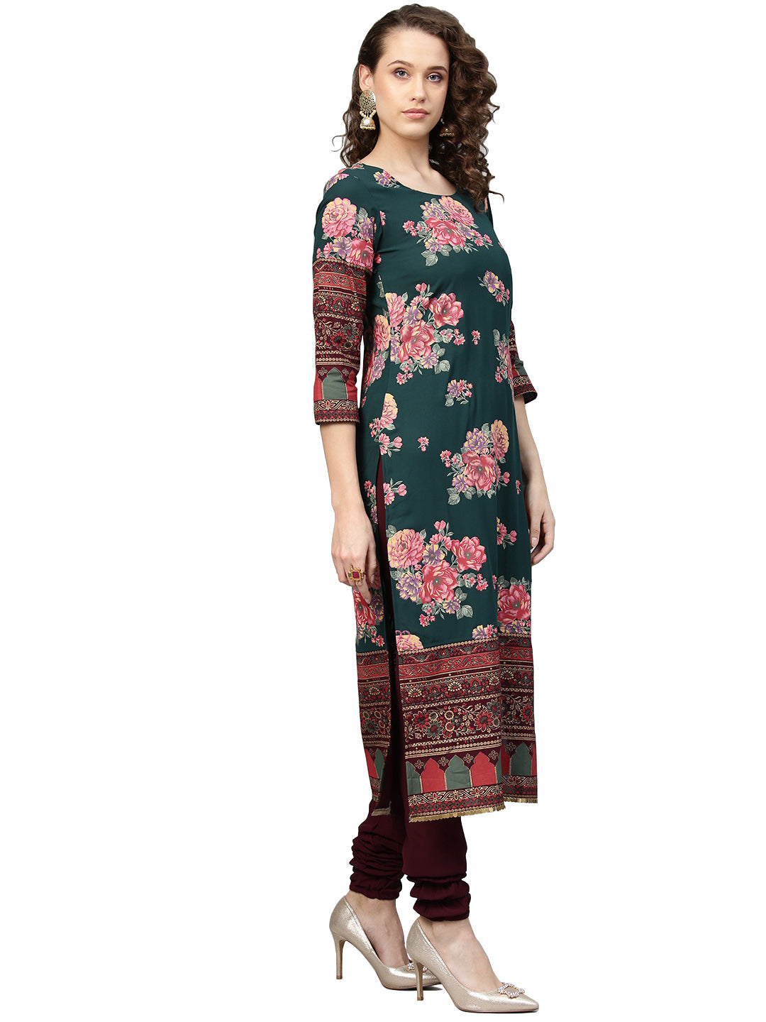 Women's Dark Green Polyester Print Kurta Churidar Set With Dupatt
