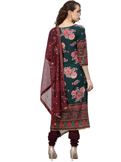 Women's Dark Green Polyester Print Kurta Churidar Set With Dupatt