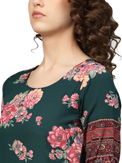 Women's Dark Green Polyester Print Kurta Churidar Set With Dupatt
