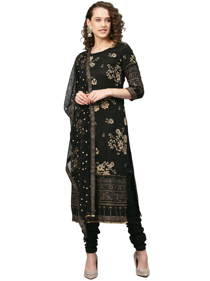 Women's Black Polyster Printed Kurta Chudidar Set With Dupatt