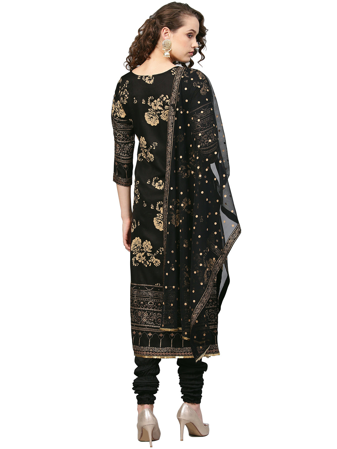 Women's Black Polyster Printed Kurta Chudidar Set With Dupatt