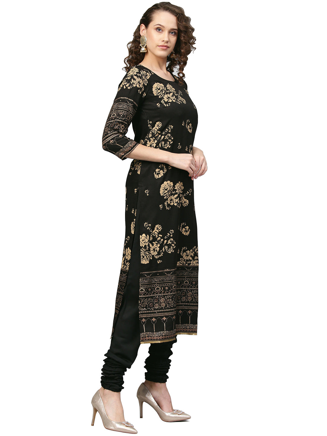 Women's Black Polyster Printed Kurta Chudidar Set With Dupatt