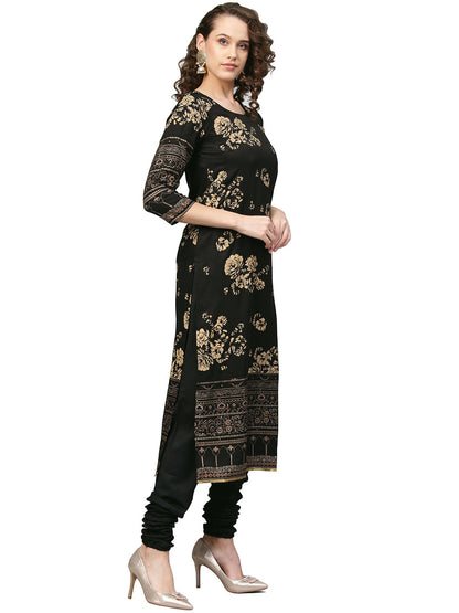 Women's Black Polyster Printed Kurta Chudidar Set With Dupatt