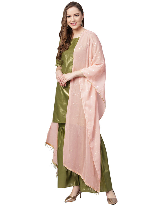 Women's Olive Cotton Blend Solid Kurta Sharara Set With Dupatt