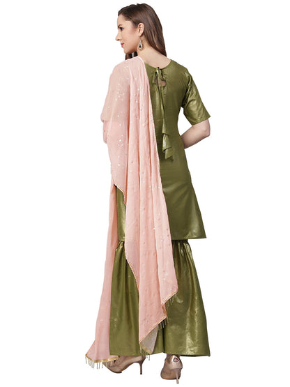 Women's Olive Cotton Blend Solid Kurta Sharara Set With Dupatt