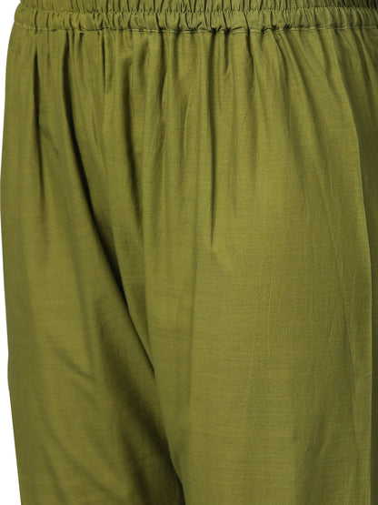 Women's Olive Cotton Blend Solid Kurta Sharara Set With Dupatt