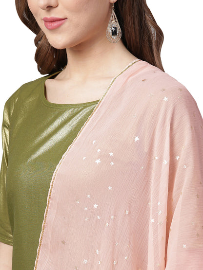 Women's Olive Cotton Blend Solid Kurta Sharara Set With Dupatt
