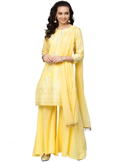 Women's Cotton Blend Yellow Glitter Print Kurta Sharara Set With Dupatt