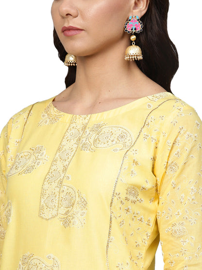Women's Cotton Blend Yellow Glitter Print Kurta Sharara Set With Dupatt