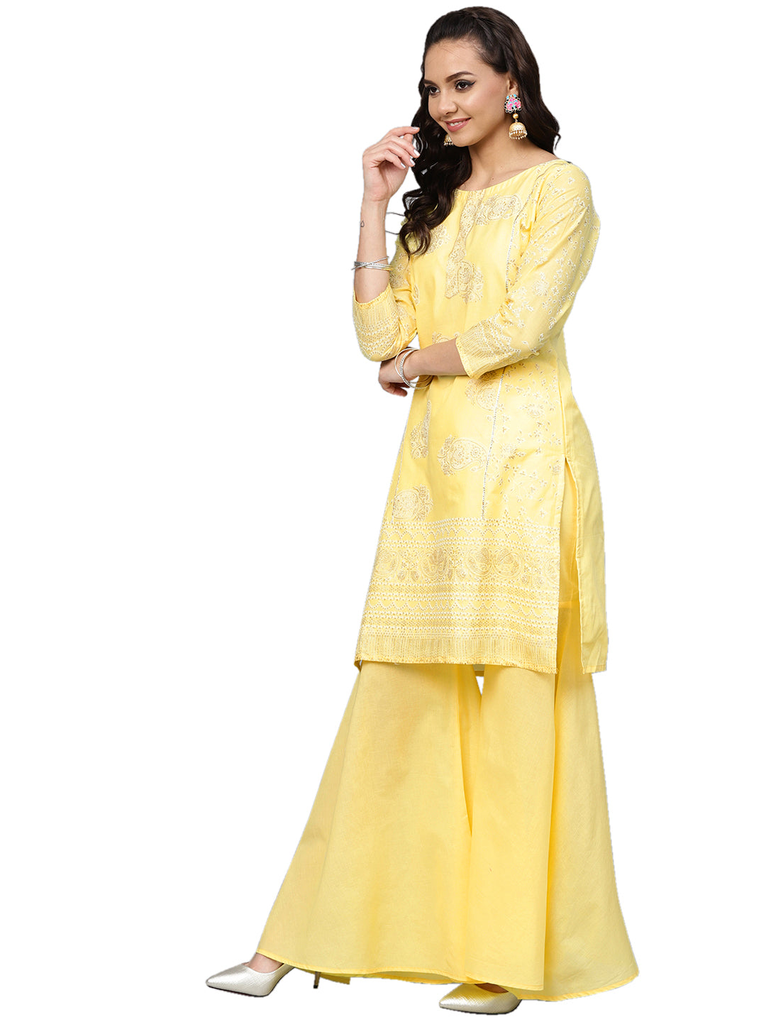Women's Cotton Blend Yellow Glitter Print Kurta Sharara Set With Dupatt