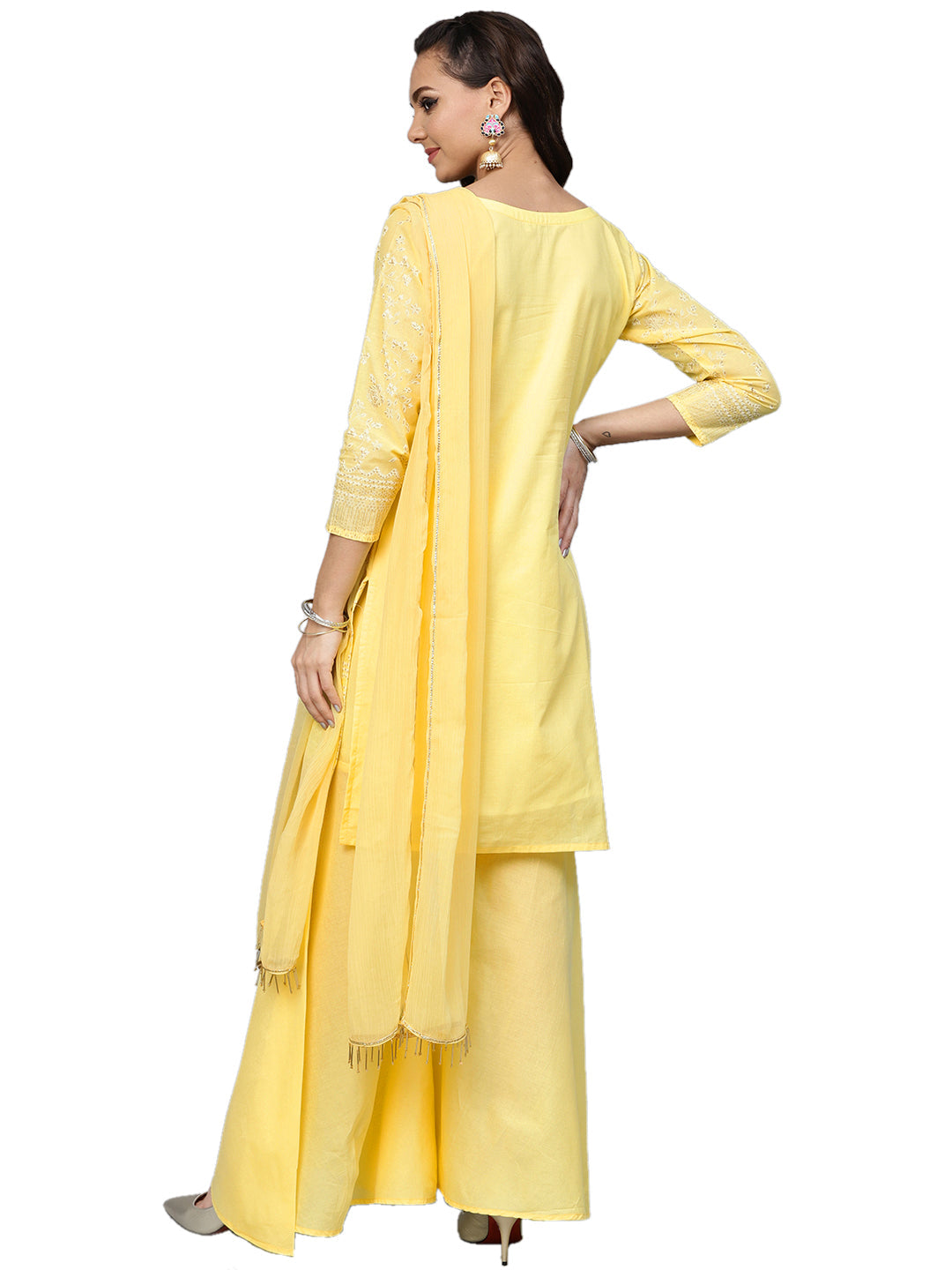 Women's Cotton Blend Yellow Glitter Print Kurta Sharara Set With Dupatt