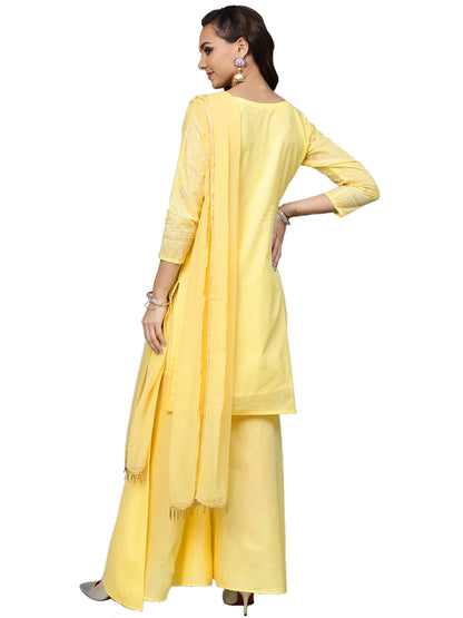 Women's Cotton Blend Yellow Glitter Print Kurta Sharara Set With Dupatt