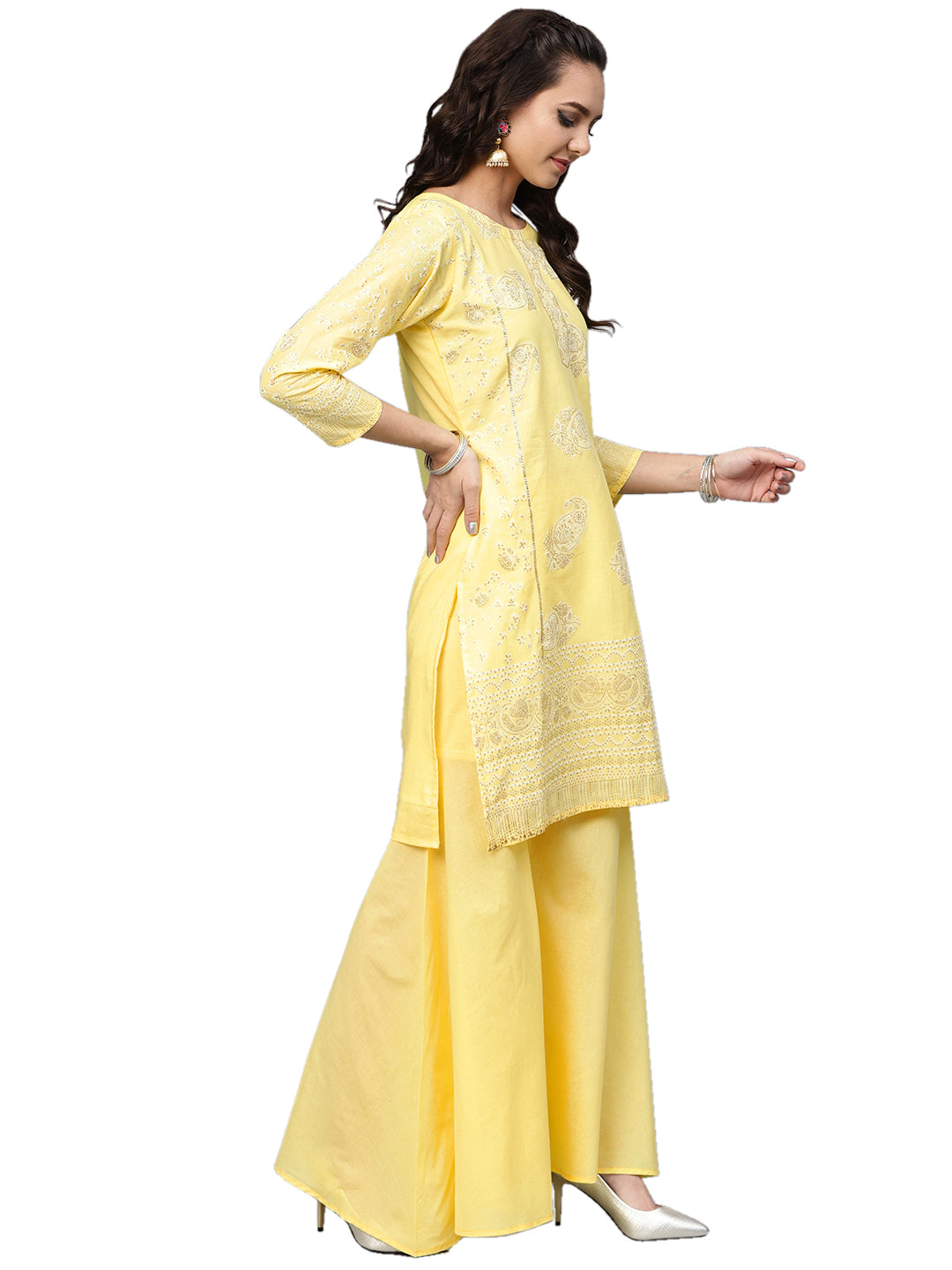 Women's Cotton Blend Yellow Glitter Print Kurta Sharara Set With Dupatt