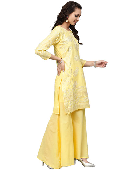 Women's Cotton Blend Yellow Glitter Print Kurta Sharara Set With Dupatt