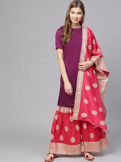 Women's Purple Poly Silk Solid Kurta And Red Printed Sharara With Dupatt