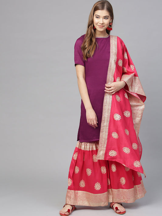 Women's Purple Poly Silk Solid Kurta And Red Printed Sharara With Dupatt
