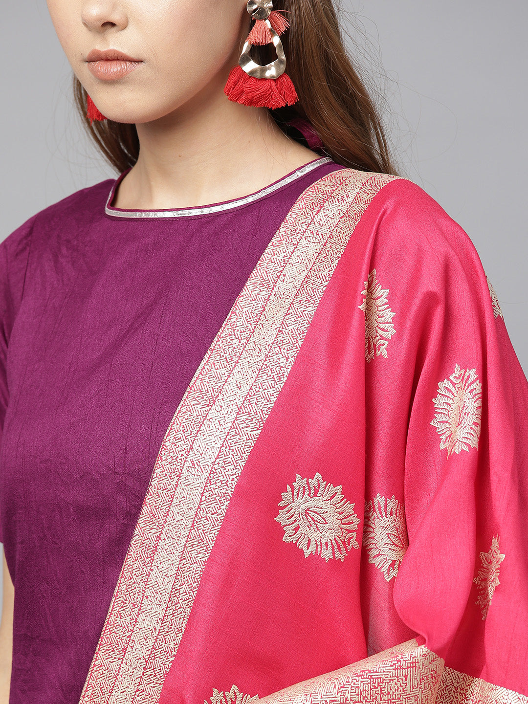 Women's Purple Poly Silk Solid Kurta And Red Printed Sharara With Dupatt
