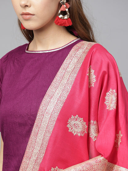 Women's Purple Poly Silk Solid Kurta And Red Printed Sharara With Dupatt