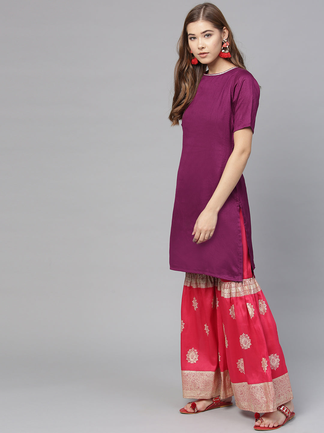 Women's Purple Poly Silk Solid Kurta And Red Printed Sharara With Dupatt