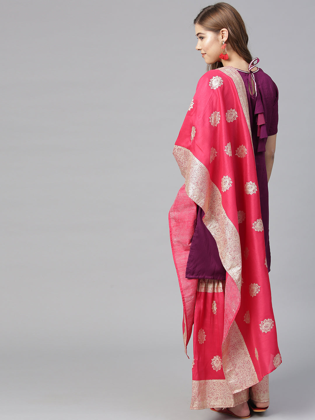 Women's Purple Poly Silk Solid Kurta And Red Printed Sharara With Dupatt