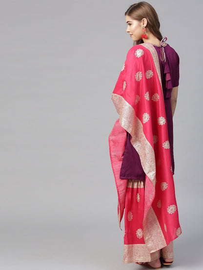 Women's Purple Poly Silk Solid Kurta And Red Printed Sharara With Dupatt