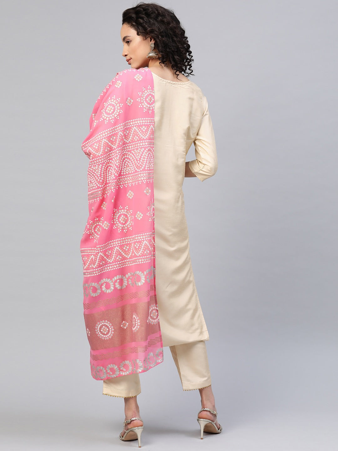 Women's Beige Poly Silk Solid Kurta Pant With Dupatta Set