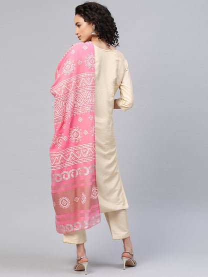 Women's Beige Poly Silk Solid Kurta Pant With Dupatta Set