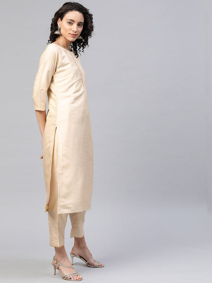 Women's Beige Poly Silk Solid Kurta Pant With Dupatta Set