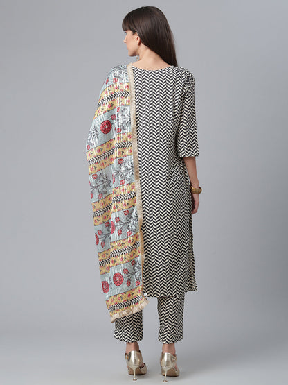 Women's Digital Print Crepe Black And White Kurta With Pant And Dupatta