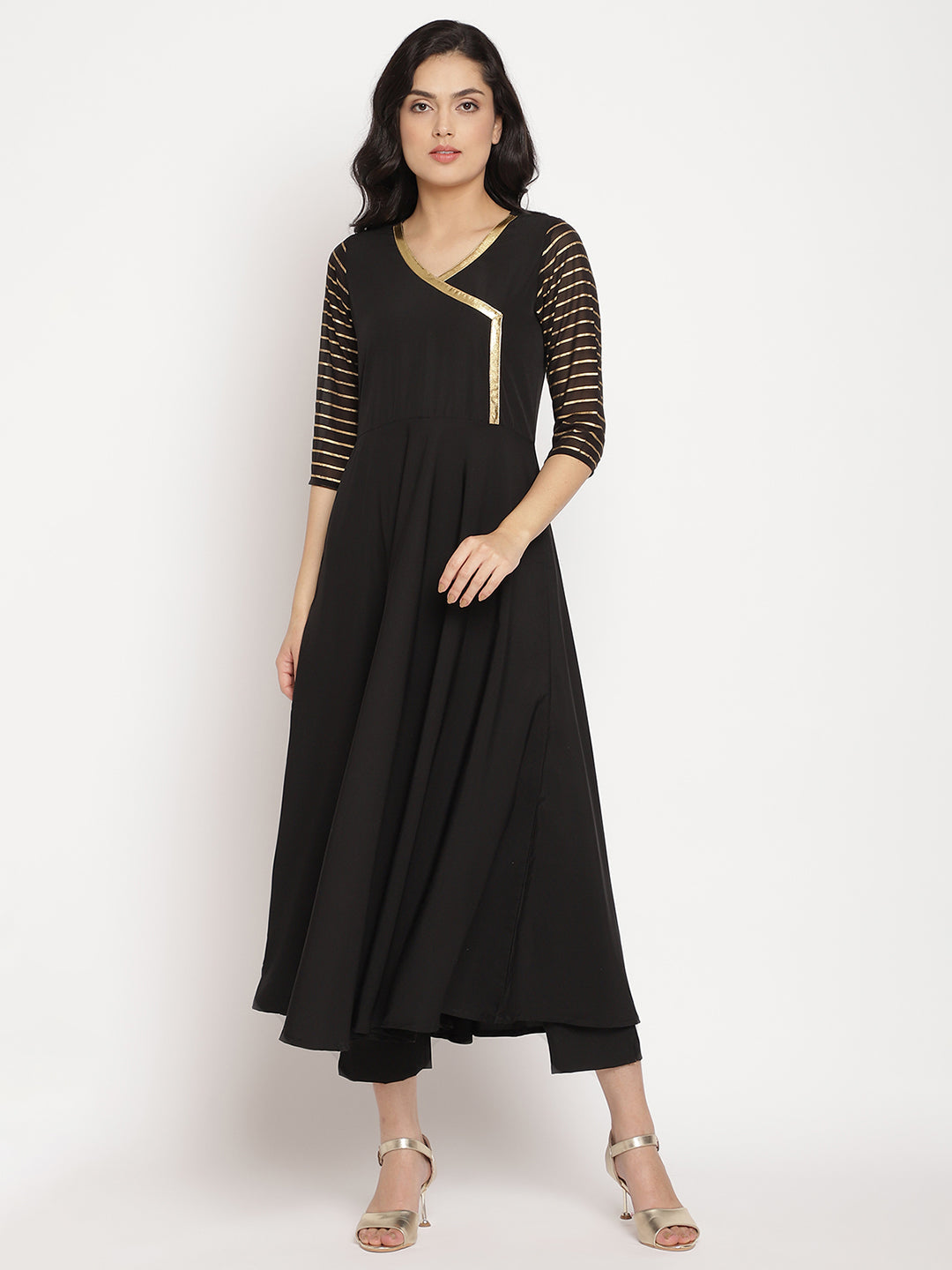 Women's Black Printed Angrakha Kurta With Trousers & With Dupatt