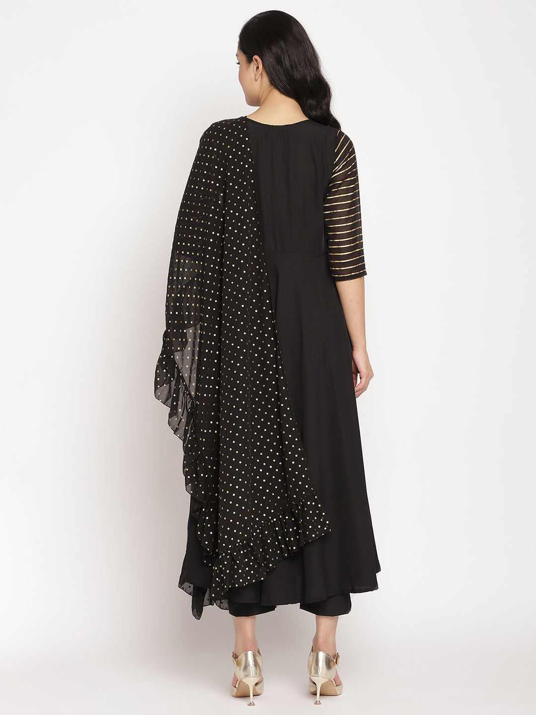 Women's Black Printed Angrakha Kurta With Trousers & With Dupatt