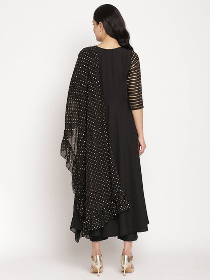 Women's Black Printed Angrakha Kurta With Trousers & With Dupatt