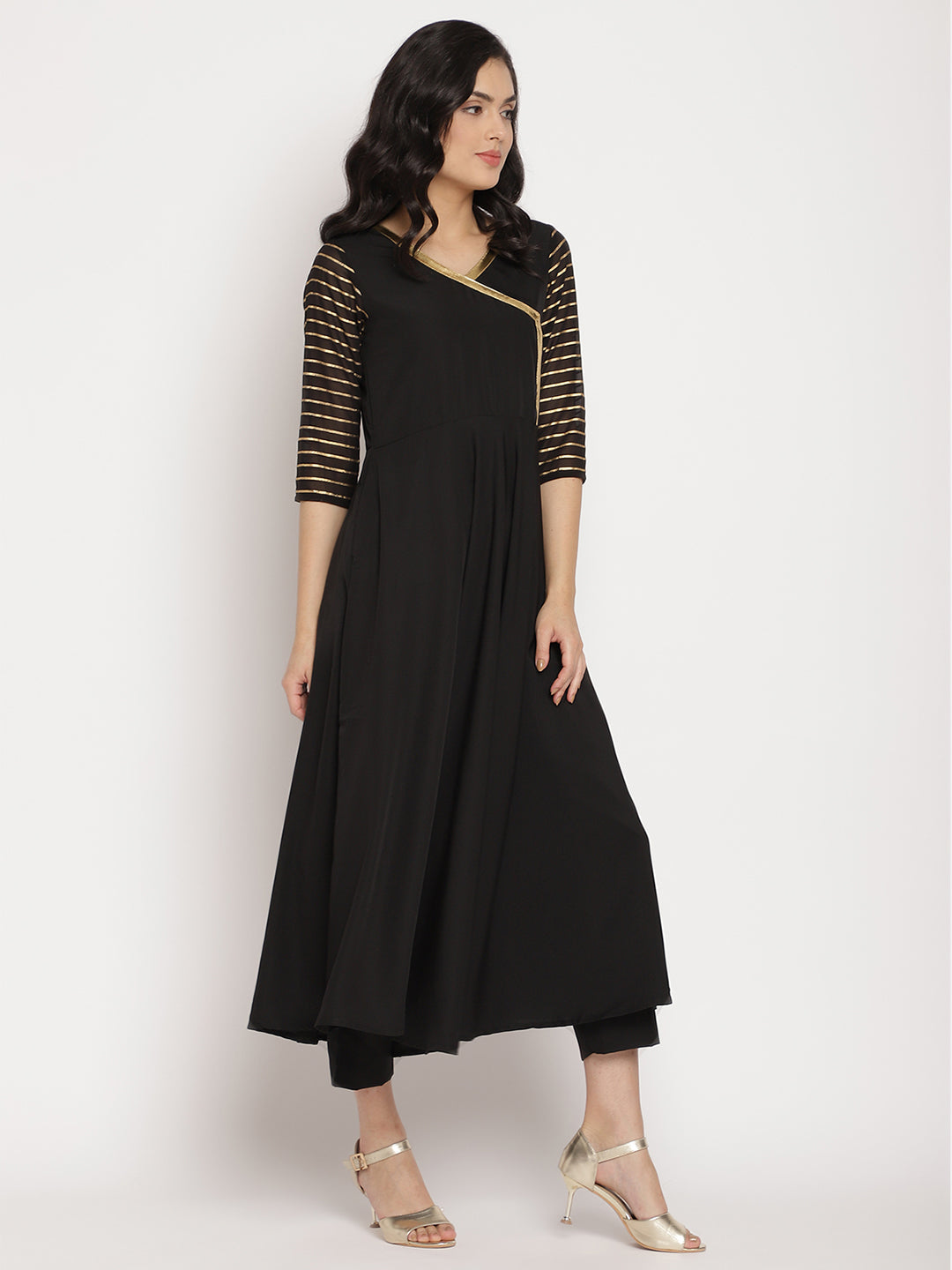 Women's Black Printed Angrakha Kurta With Trousers & With Dupatt