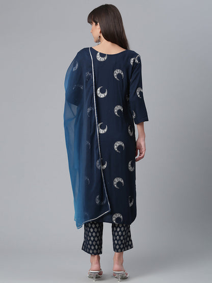 Women's  Navy Blue Rayon Printed Kurta With Pan