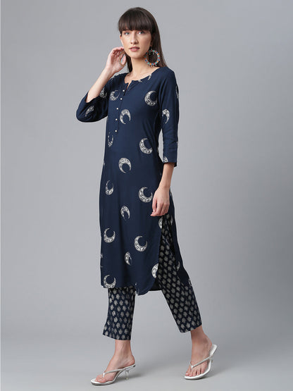 Women's  Navy Blue Rayon Printed Kurta With Pan