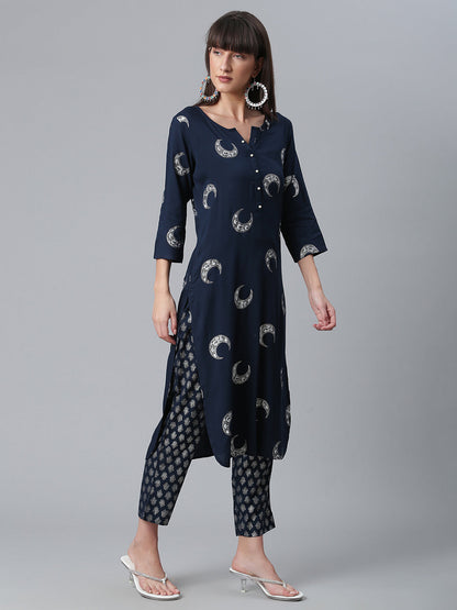 Women's  Navy Blue Rayon Printed Kurta With Pan
