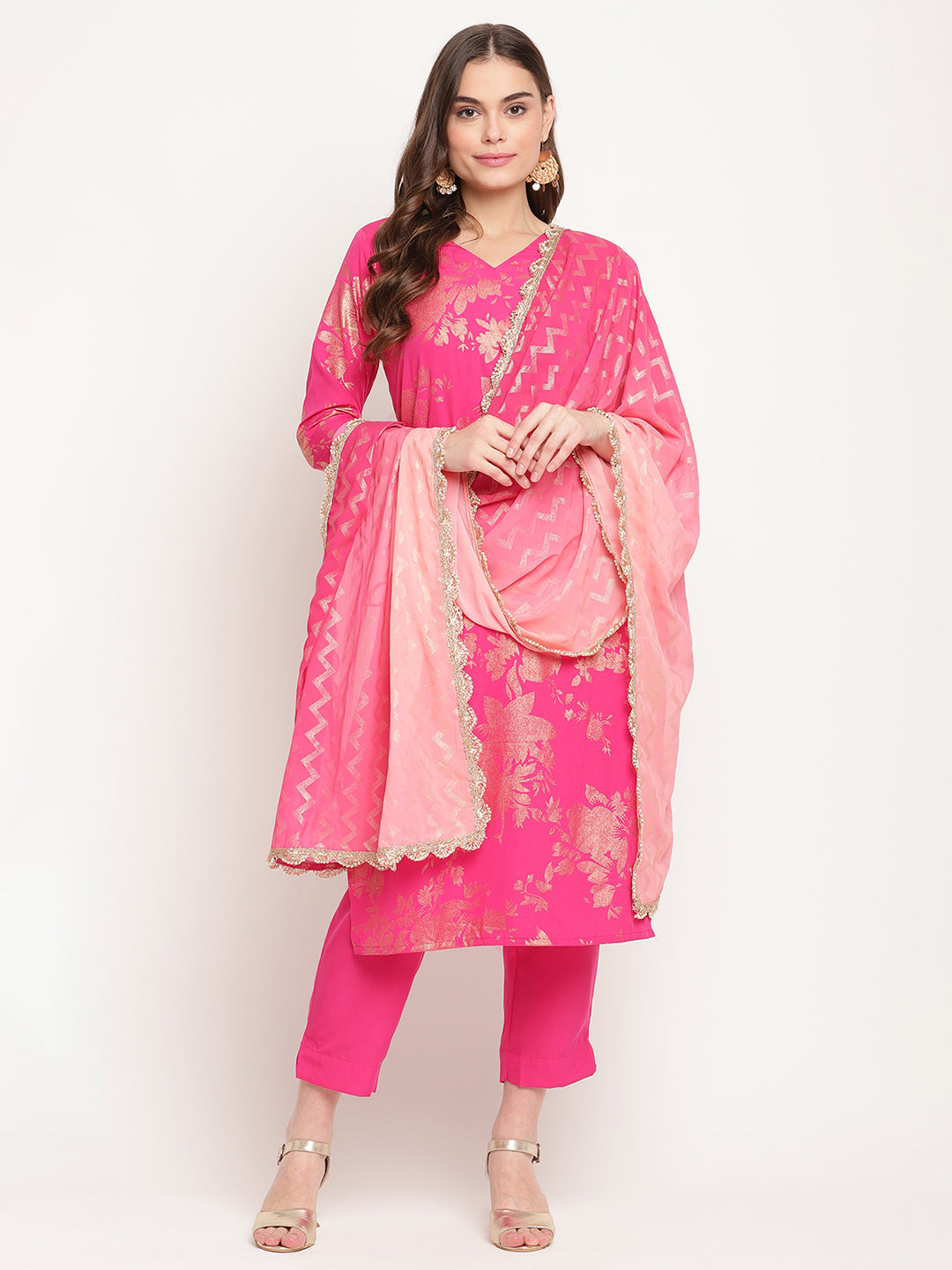 Women's  Dark Pink Rayon Printed Salwar Suit Sets With Dupatt
