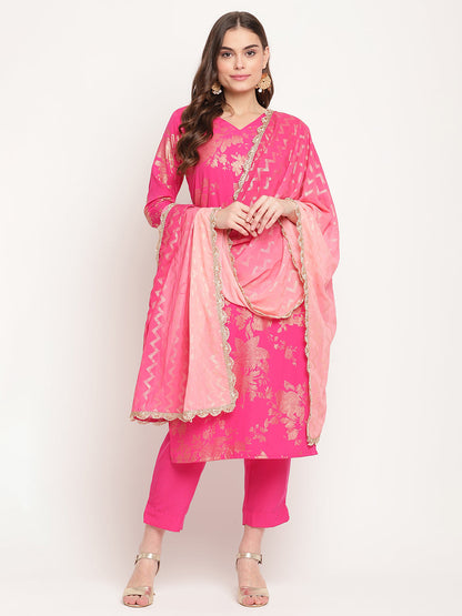 Women's  Dark Pink Rayon Printed Salwar Suit Sets With Dupatt