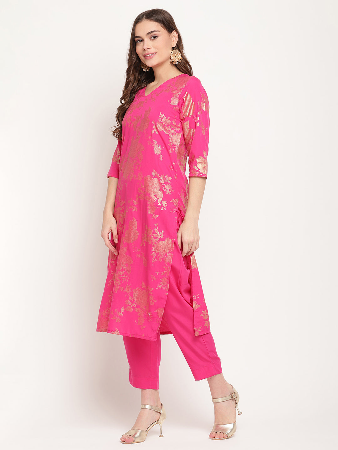 Women's  Dark Pink Rayon Printed Salwar Suit Sets With Dupatt