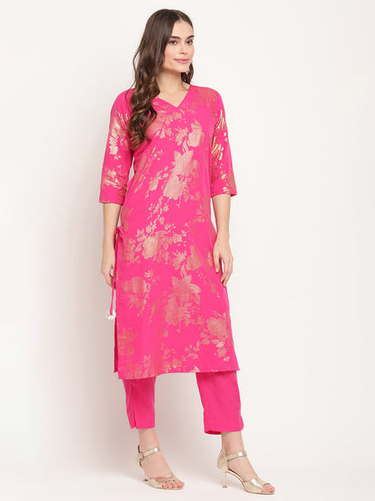 Women's  Dark Pink Rayon Printed Salwar Suit Sets With Dupatt