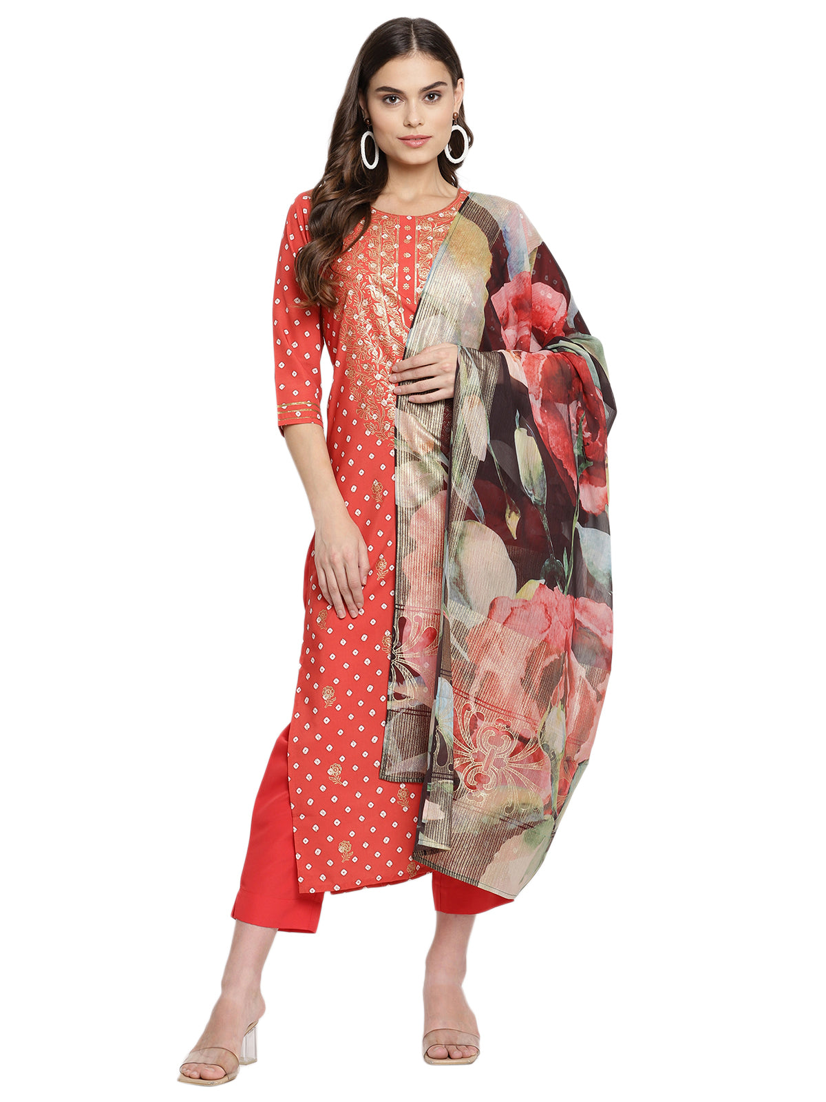 Women's Red Crepe Bandhani Gold Printed Kurta Pant With Dupatta