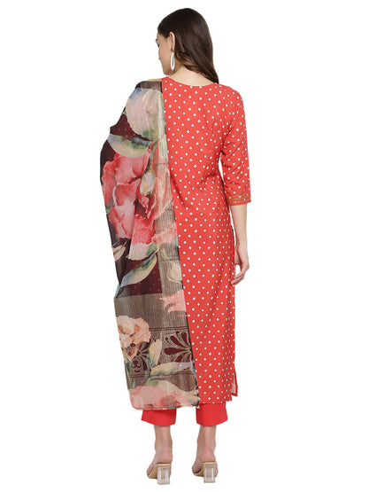 Women's Red Crepe Bandhani Gold Printed Kurta Pant With Dupatta