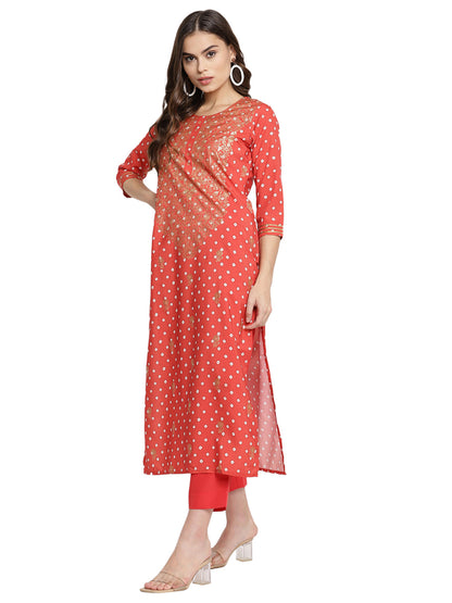 Women's Red Crepe Bandhani Gold Printed Kurta Pant With Dupatta